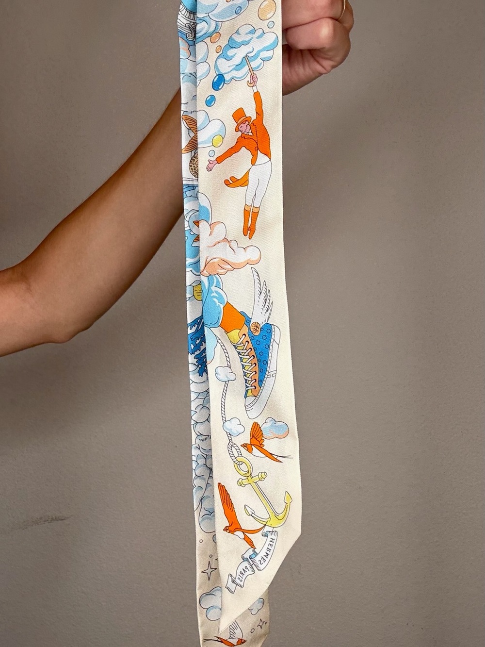 Hermes Cream, Orange and Blue Silk Twilly